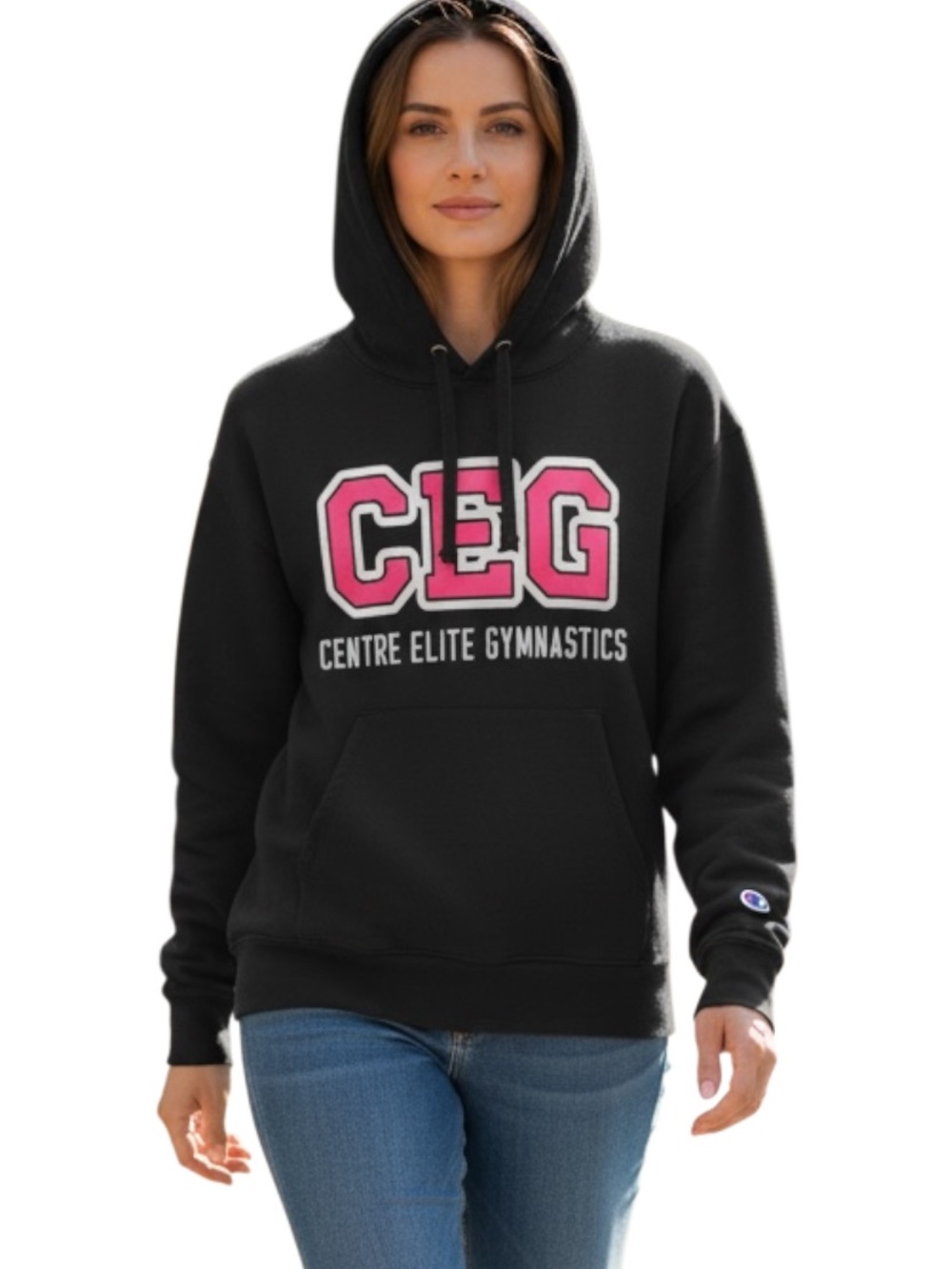 Champion Black Hoodie with Pink CEG Lettering